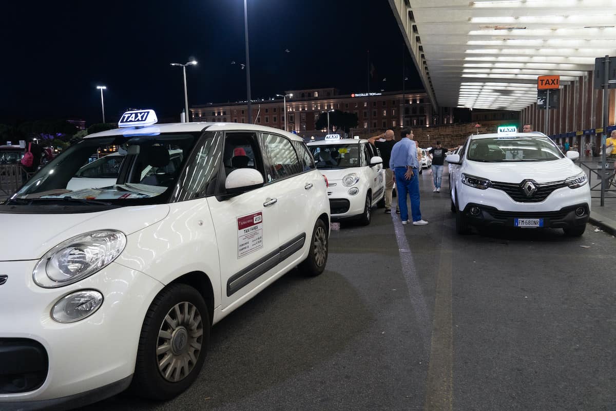 Taxis at Termini railway station at night